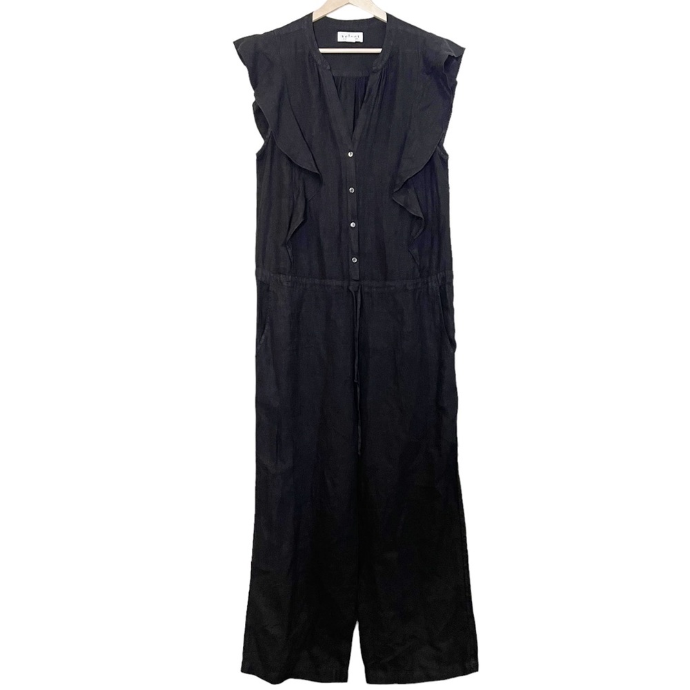Velvet 100% Linen Black Ruffle Sleeve JumpSuit Size M Drawcord Waist Pocket